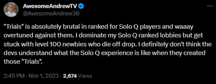Twitter user comments on the harshness of Solo Q'ing in Apex Legends Season 19.